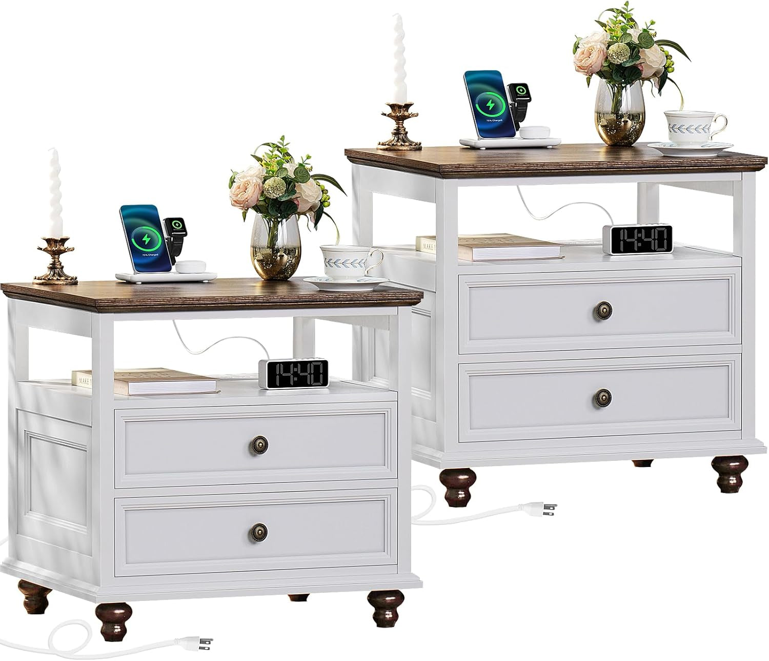 Farmhouse Nightstand Set of 2 with Charging Station, 24" Wide End Table with 2 Drawers,Dresser for Bedroom,Bed Side Table Chest of Drawers Cabinet,Wood White Night Stand for Living Room