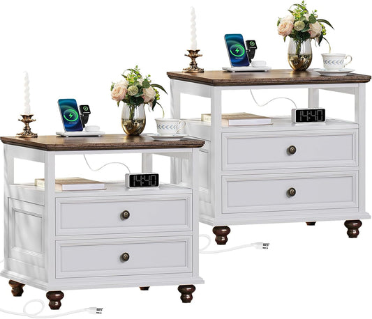 Farmhouse Nightstand Set of 2 with Charging Station, 24" Wide End Table with 2 Drawers,Dresser for Bedroom,Bed Side Table Chest of Drawers Cabinet,Wood White Night Stand for Living Room