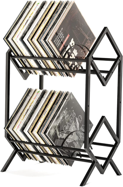 2-Tier-Vinyl-Record-Storage-Holder with Dividers, 200 Lps Albums Storage Rack Shelf, Steel Music Records Display Shelf Organizer for Book, Magazine, Files,Matte Black