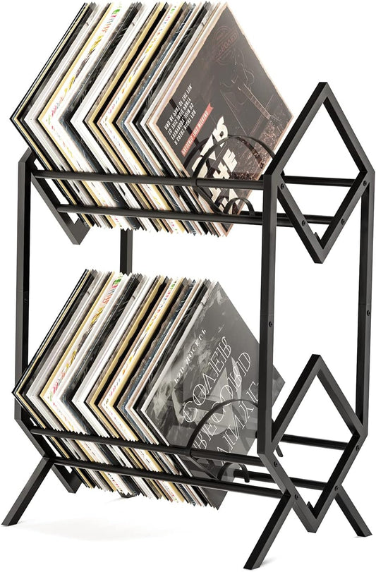 2-Tier-Vinyl-Record-Storage-Holder with Dividers, 200 Lps Albums Storage Rack Shelf, Steel Music Records Display Shelf Organizer for Book, Magazine, Files,Matte Black