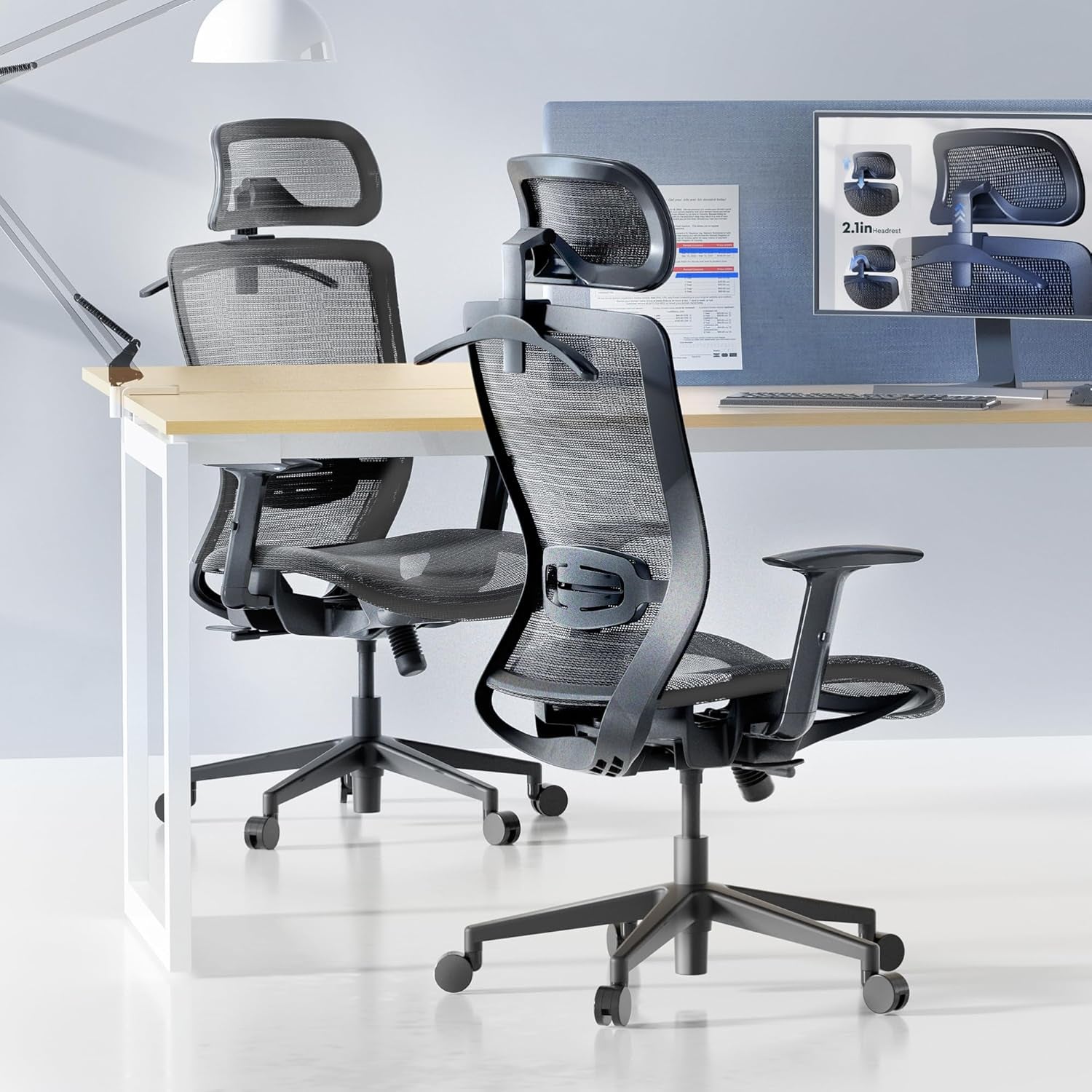 Ergonomic Office Chair, High Back Mesh Swivel Computer Chair, Executive Office Desk Chairs, with Adjustable Lumbar Support/2D Headrest/Lockable Backrest, OC3 Mesh Seat, Gray