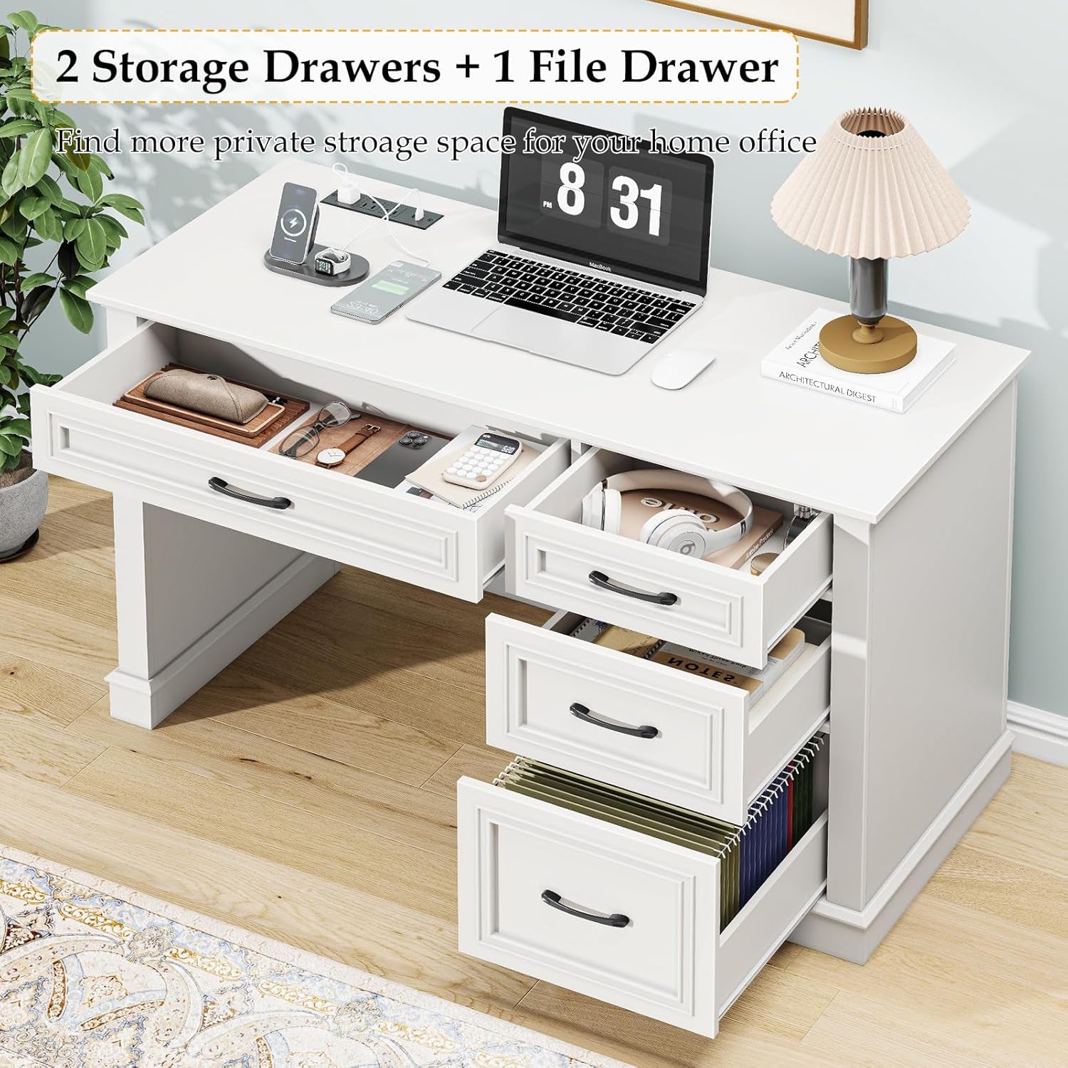 Farmhouse 47" Executive Desk, Computer Desk with Drawers and File Drawer, Workstation Computer Desk with Charging Station for Home Office,Study,（Cream White）
