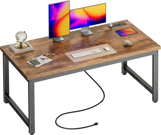 55 X 24 Inch Desk with Power Outlets & USB-C, Deeper & Thicker Desktop, Robust Metal Tubes, Computer Desk, Heavy Duty Office Desk, Work Gaming Desk for Home Office, Rustic Brown