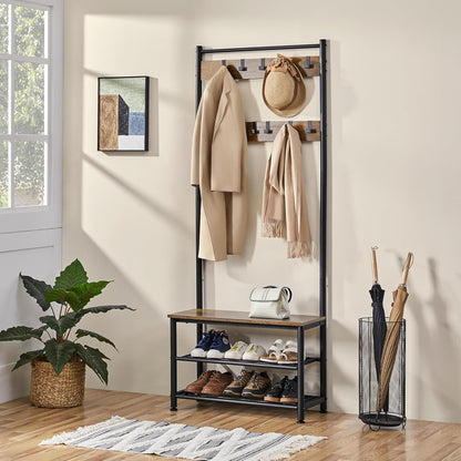 3-In-1 Hall Tree Coat Rack Shoe Bench with 9 Hooks and Storage Shelf, Industrial Entryway Storage Shelf Bench, Easy Assembly, Rustic Brown