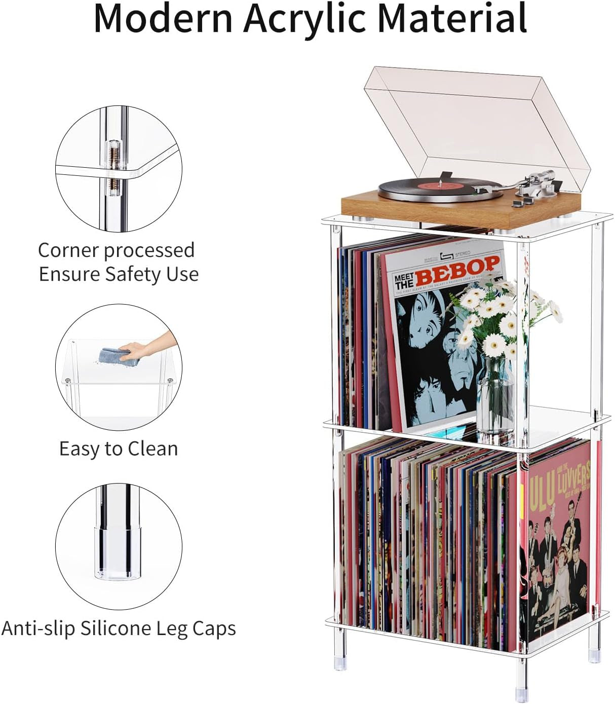 Acrylic Record Player Stand, 3-Tier Clear Turntable Table with Vinyl Record Storage, 15.74" L X 11.81" W X 30.7" H, Tall Modern Side Table/End Table for Living Room, Bedroom JJ00041