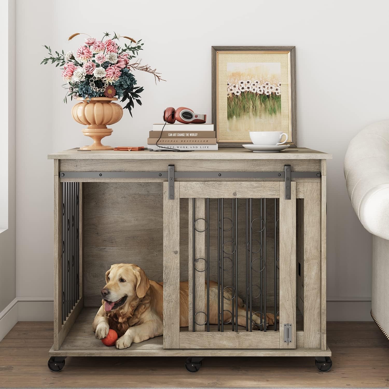 Large Dog Crate Furniture with Sliding Barn Door, 43.7" Wooden Dog Kennel End Table with Wheels and Flip-Top Plate Dog House with Detachable Divider for Small/Medium/Large Dog (Rustic Grey)