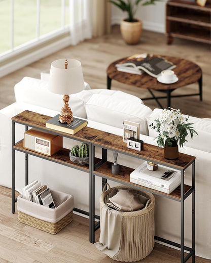 Console Table, 2-Tier Narrow Sofa Table with 2 Shelves, 7.9 X 31.5 X 31.5 Inches, for Living Room, Hallway, Entryway, Rustic Brown and Ink Black ULNT130K01V1