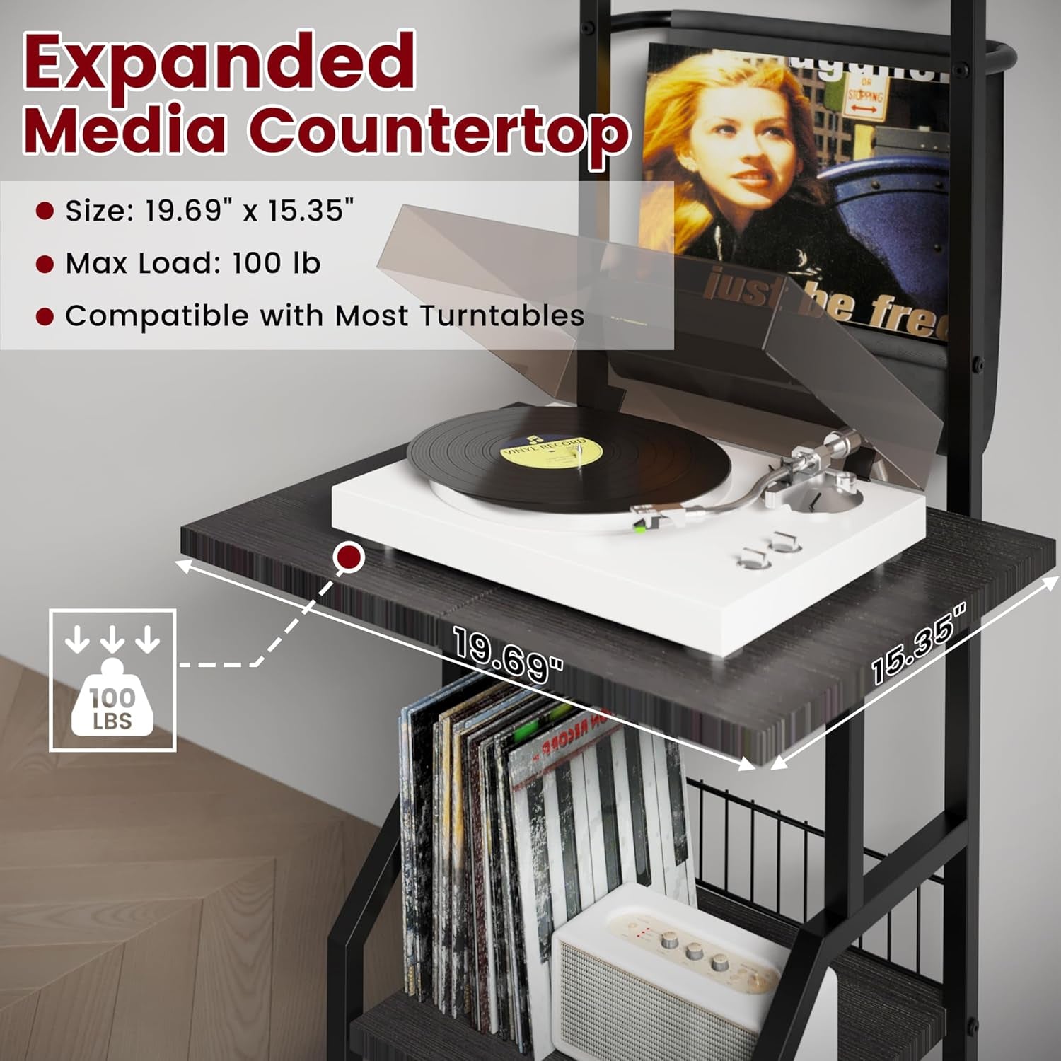 Record Player Stand with Vinyl Storage, Record Player Table Holds up to 200 Albums, 5-Tier Turntable Stand for Living Room, Black