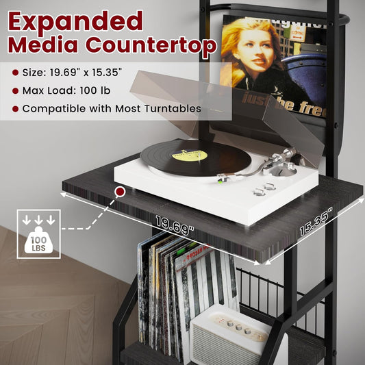 Record Player Stand with Vinyl Storage, Record Player Table Holds up to 200 Albums, 5-Tier Turntable Stand for Living Room, Black