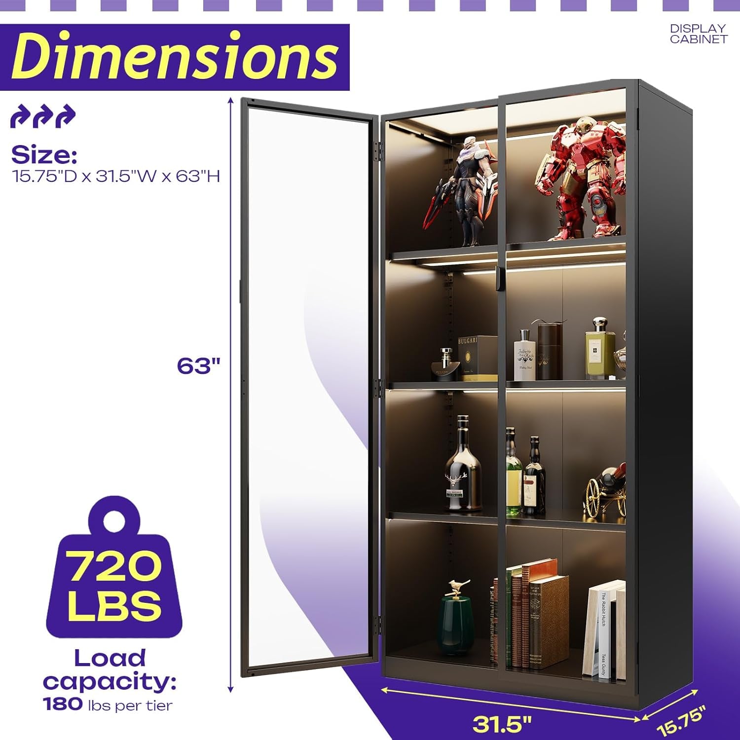 Display Cabinet with Glass Doors, 4-Tier Curio Cabinet with 3 Color Lights,Glass Display Case for Collectibles with Adjustable Shelves-Toys,Books,Figures,Exhibit(63" Black)