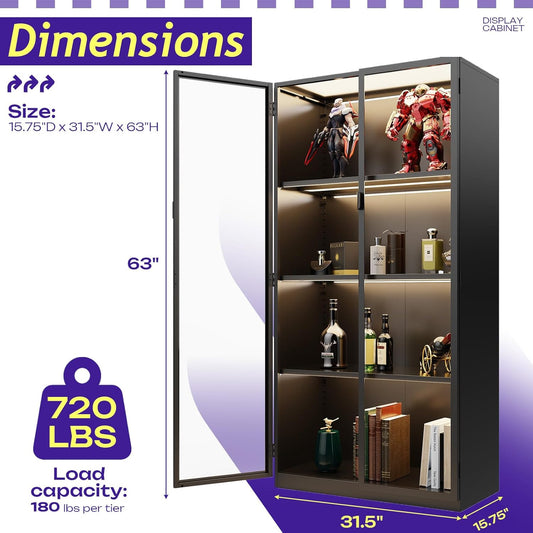 Display Cabinet with Glass Doors, 4-Tier Curio Cabinet with 3 Color Lights,Glass Display Case for Collectibles with Adjustable Shelves-Toys,Books,Figures,Exhibit(63" Black)