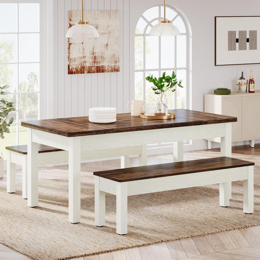 Farmhouse Kitchen Table Set for 4-6, 55-Inch Wooden Dining Table with 2 Benches, Space Saving 3 Pieces Heavy Duty Dinette for Dining Room, Kitchen, Small Space
