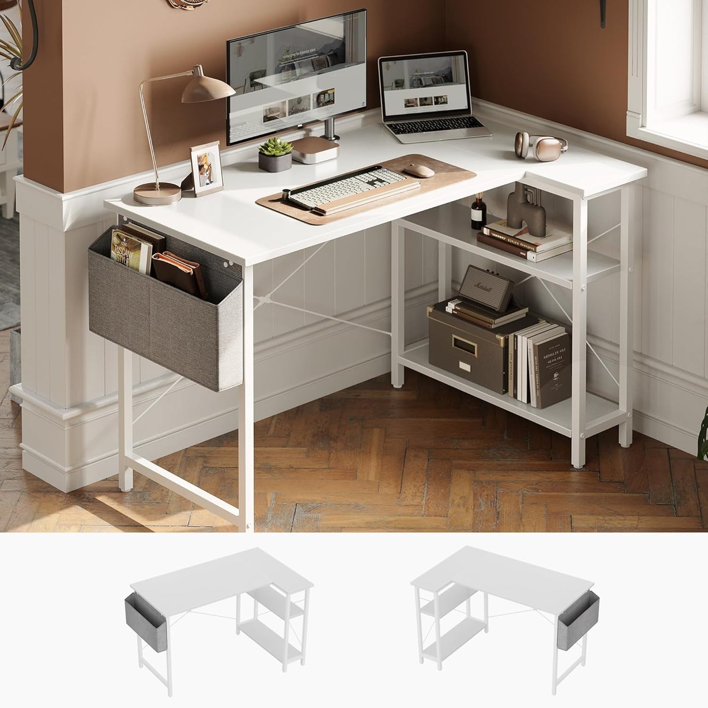 L Shaped Desk, 47" Computer Desk with Reversible Storage Shelves Home Office Corner Desk Study Writing Gaming Table, Pure White