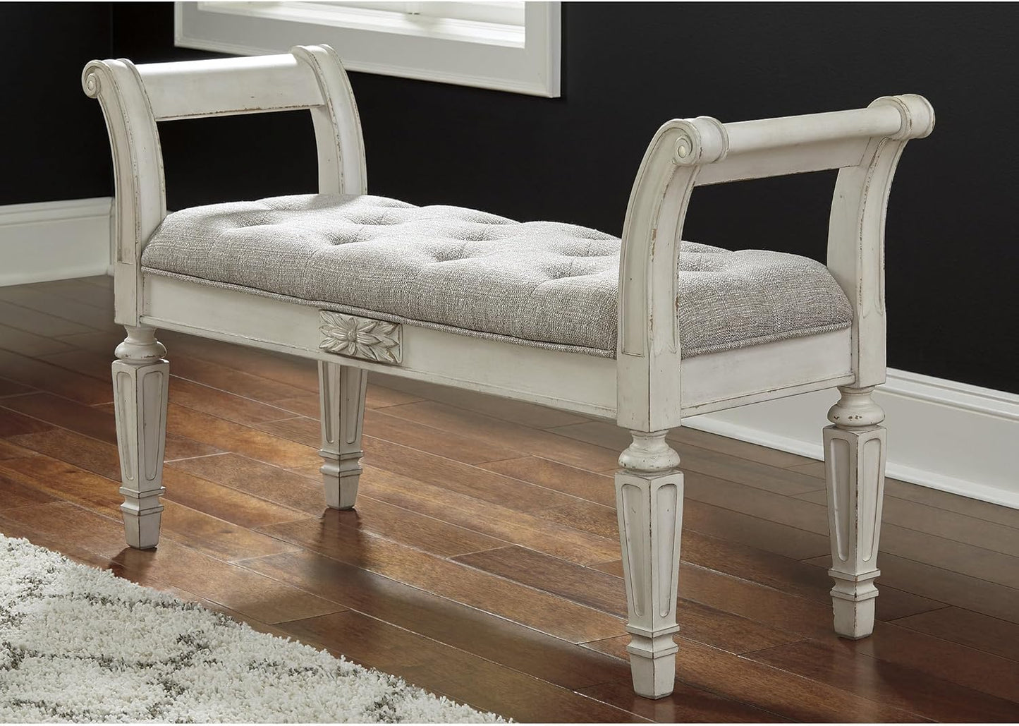 Realyn French Country Upholstered Tufted Accent Bench, Antique White
