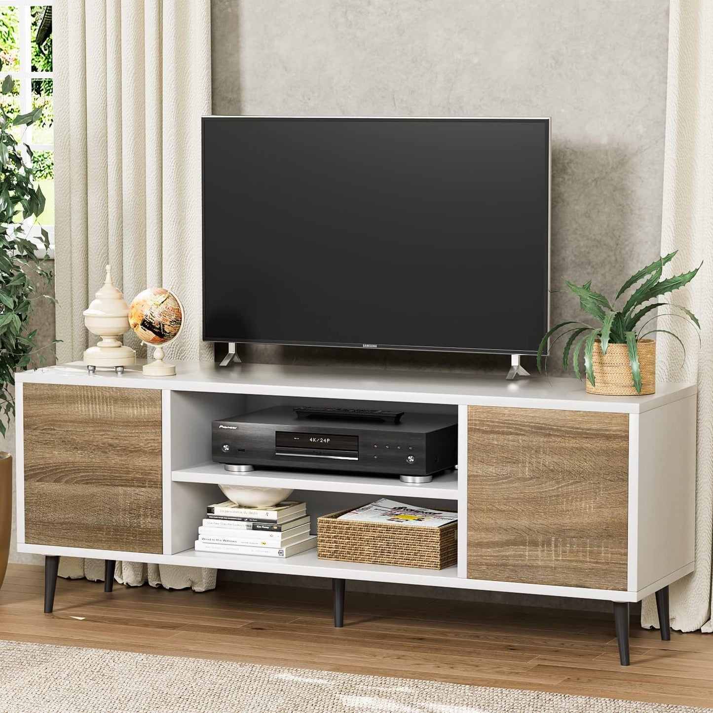 Modern TV Stand for 65" Television, Entertainment Center with Two Storage Cabinets, Retro Style Media Console for Living Room, Bedroom, Office, 58 Inch, White and Coffee