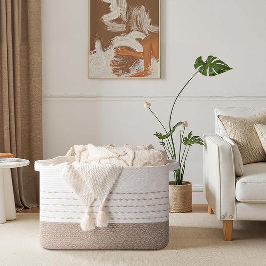 108L Extra Large Blanket Basket, 25”X16”X16” Rectangle Woven Cotton Rope Baskets for for Living Room, Toy Storage with Handle- Gradient Light Brown