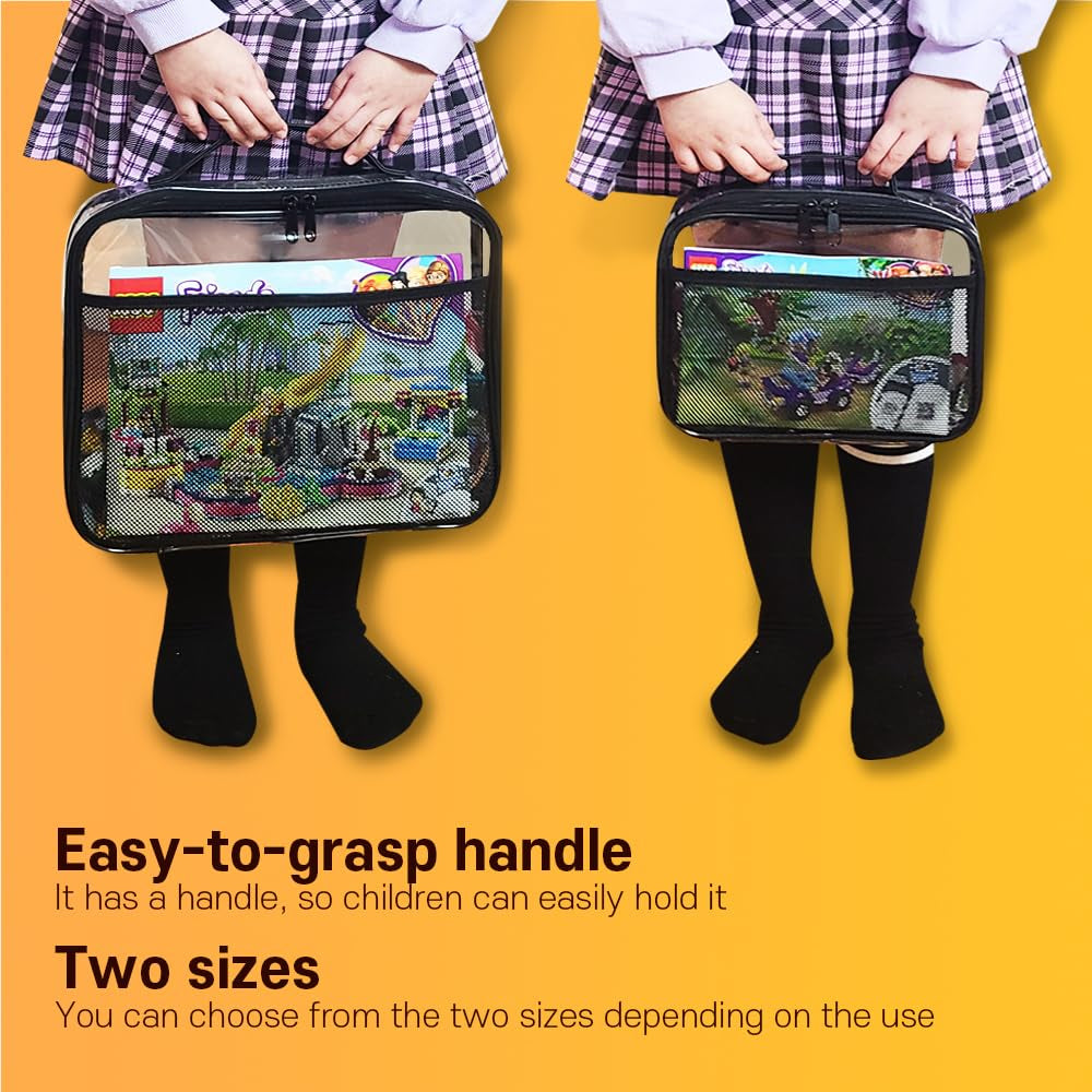 4 Packs PVC Zippered Blocks Set, Toy, Clay, Board Game Storage Organizer Case (Name Tag, Manual Pocket) (Black, Large)