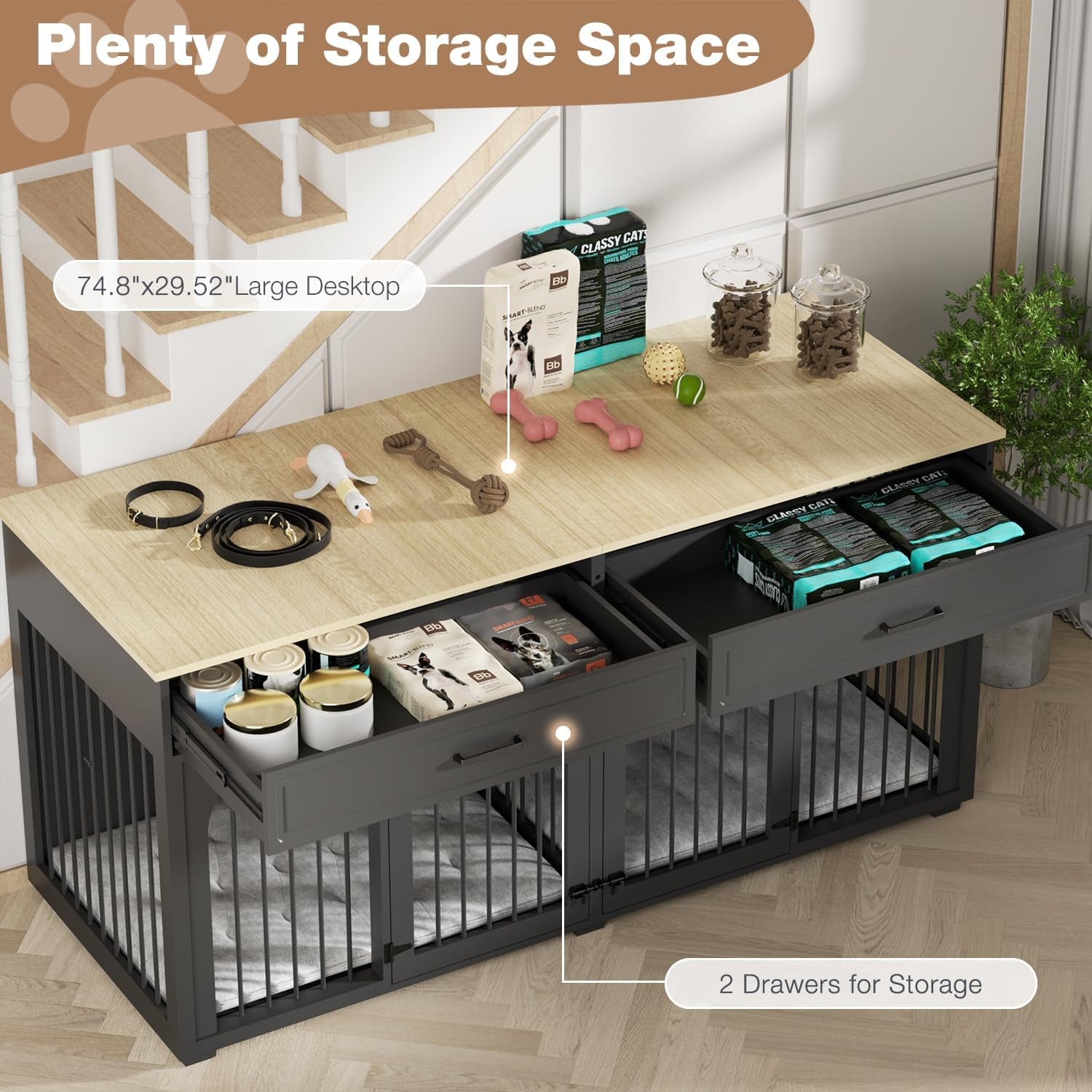 74.8'' Dog Crate Furniture, Wooden Dog Crate with 2 Drawers and Removable Divider, Heavy Duty Dog Kennel Indoor TV Stand for Small Large Medium Dogs, White