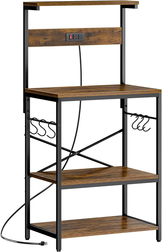 Kitchen Bakers Rack with Power Outlet, Coffee Bar Table 4 Tiers, Kitchen Microwave Stand with 6 S-Shaped Hooks, Storage Shelf Rack for Spices, Pots and Pans - Rustic Brown