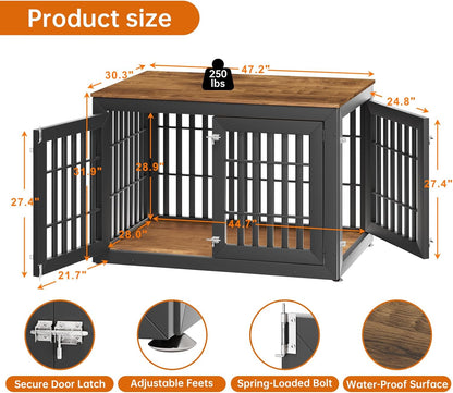 80" Heavy Duty Dog Crate Furniture for Small,Medium and Large Dogs,Rustic Wooden Dog Cage Kennel Indoor Furniture with Waterproof Top,Decorative Pet House Side End Table (Black & Wood)