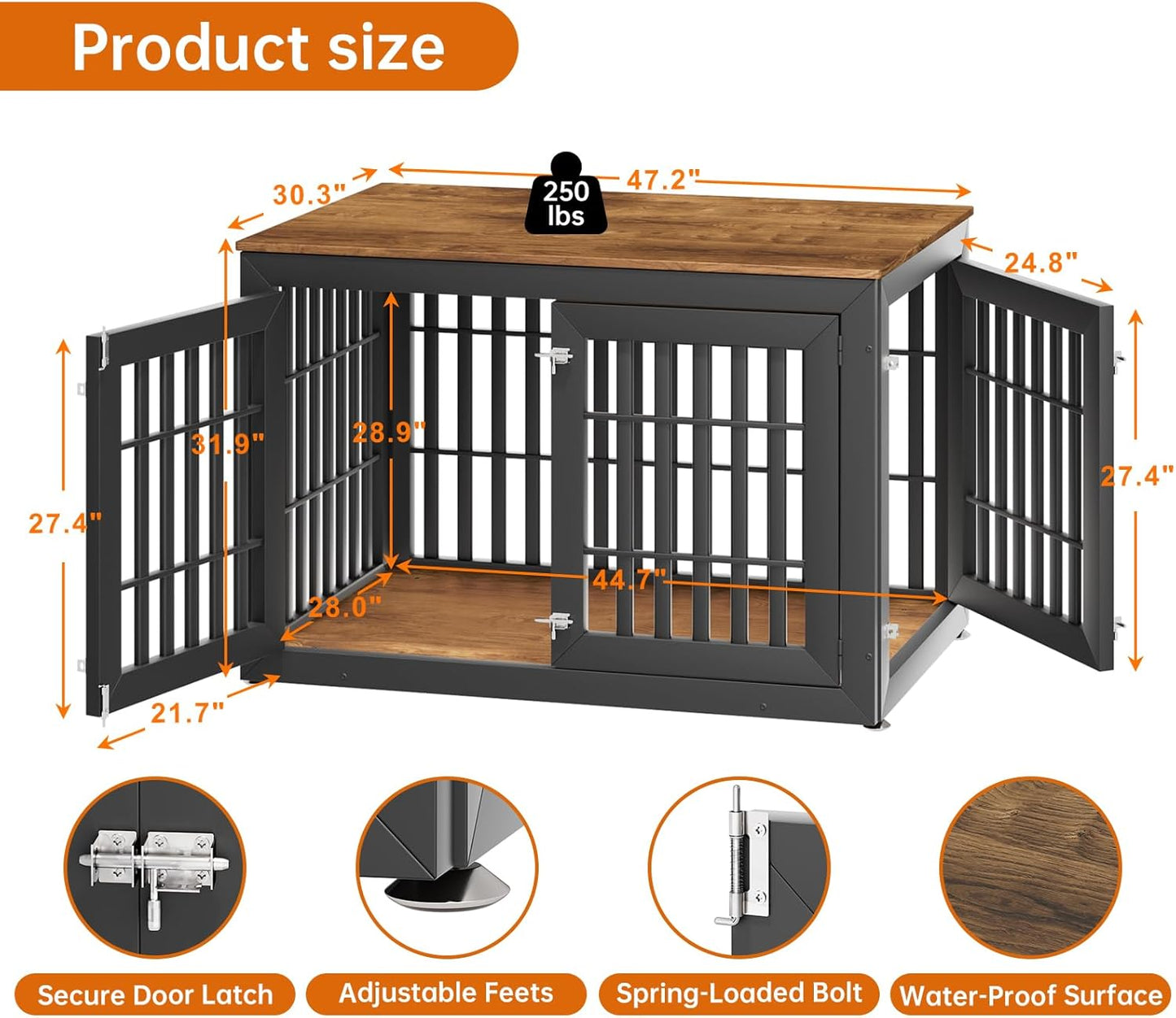 48" Heavy Duty Dog Crate Furniture for Small,Medium and Large Dogs,Rustic Wooden Dog Cage Kennel Indoor Furniture with Waterproof Top,Decorative Pet House Side End Table (Black & Grey)