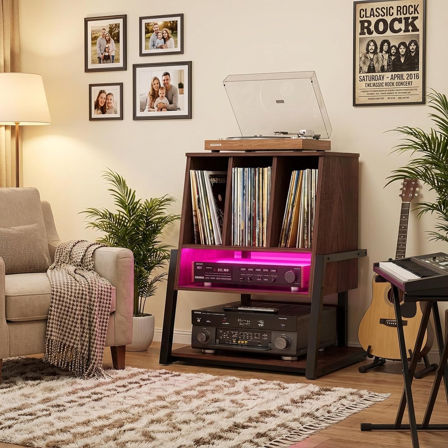 Record Player Stand with Vinyl Storage Cabinet, 22" Record Player Table up to 200 Albums, Large Wood Turntable Stand with Record Album Holder with Charging Station & LED Light, Espresso