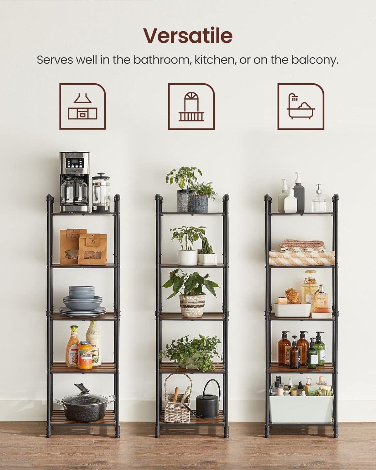 Bathroom Shelves, 5-Tier Storage Rack, Plant Flower Stand, 15.6 X 12.2 X 51 Inches, for Living Room, Balcony, Kitchen, Rustic Brown and Black UBSC25BXV2