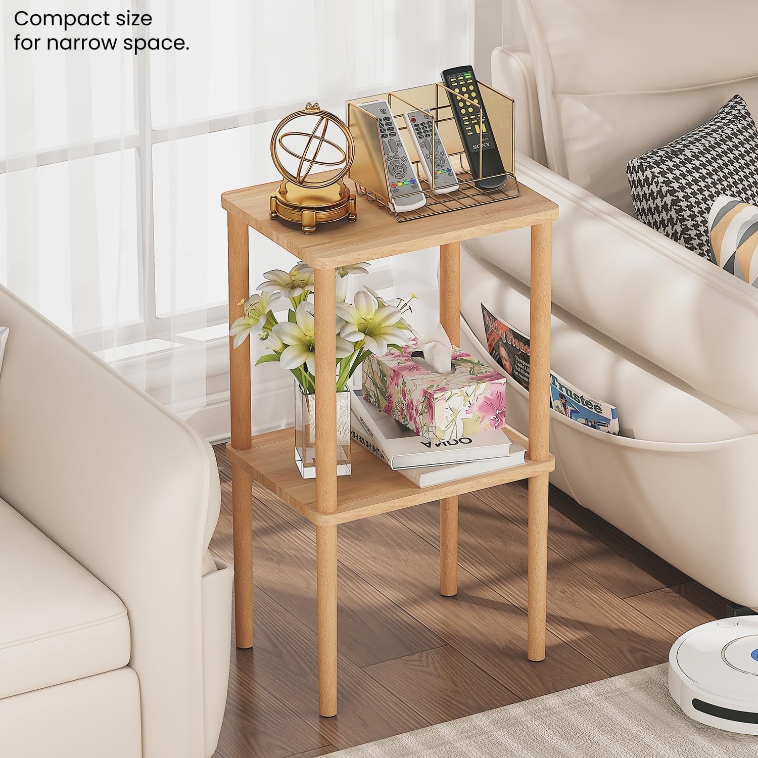 Solid Wood Side Table, 2-Tier Small End Table with Storage Shelf, Tall Nightstand Bedside Table for Bedroom, Living Room, Kids Room & Small Spaces. No-Tool Assembly.