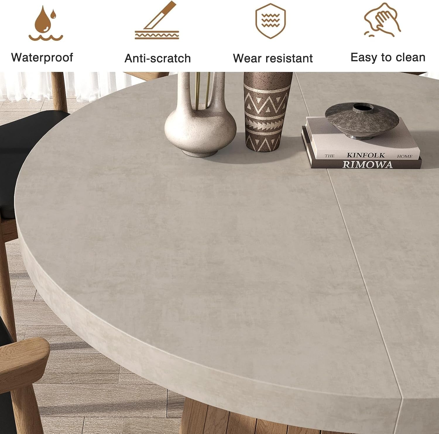 round Extendable Dining Table with Pedestal Base, 39"-55" Expandable Dining Room Table Oval Kitchen Dinette Table for 4-6 (Gray & Walnut)