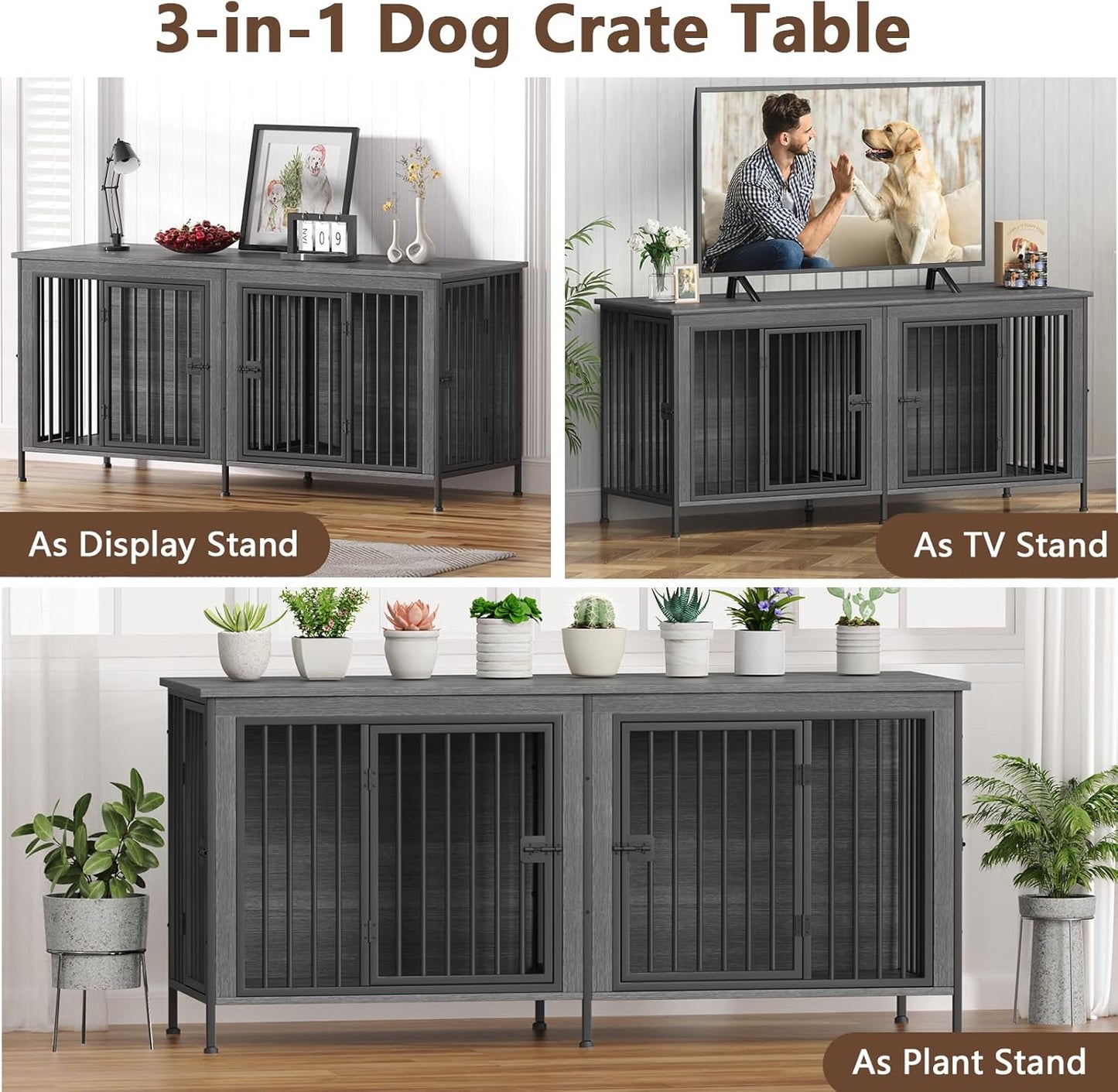 Dog Crate Furniture for 1 or 2 Dogs, Heavy Duty Single/Double Dog Crates for Small/Medium/Large Dogs, Dog Kennel Furniture Indoor as TV Stand, Large Size 78.74" L(35-60 Pounds), Dark Grey