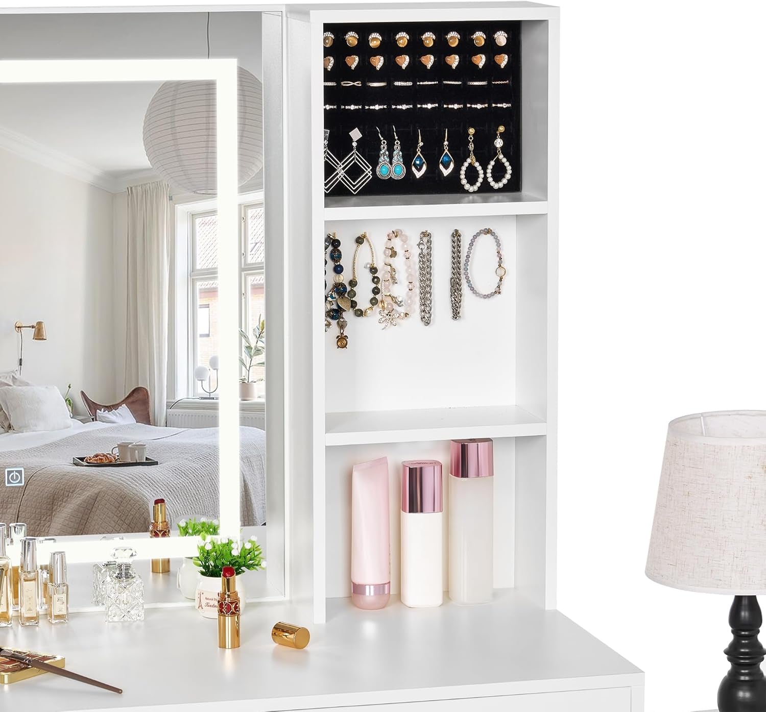 White Vanity Desk with Mirror and Lights,Makeup Vanity L Shape Change Makeup Desk with 6 Drawers Stool Power Outlet Jewelry Storage,Dressing Table with Dresser for Bedroom Girls Women FST26W