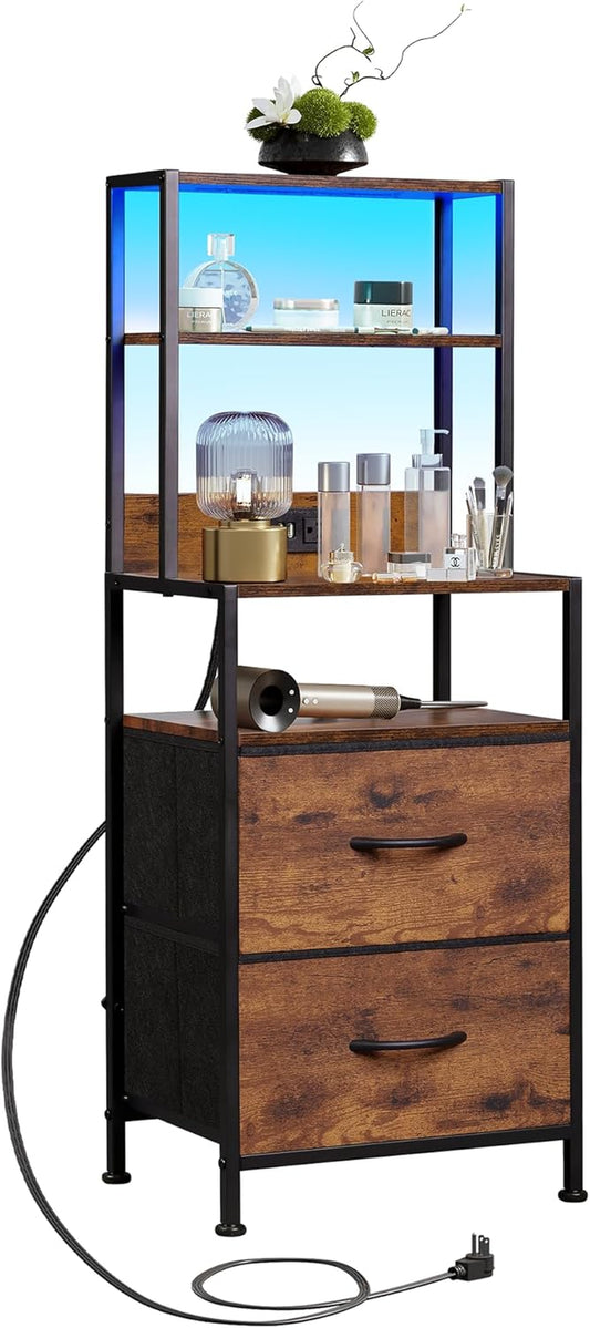 Nightstand with Charging Station, LED Night Stand with 2 Drawers and 4 Storage Open Shelves, Fabric Dresser for Bedroom, Rustic Brown