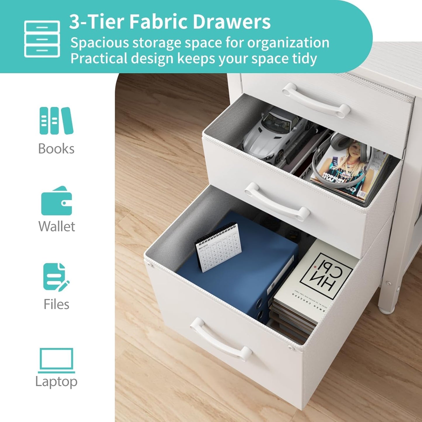 Gaming Desk with LED Lights and Power Outlets, 47 Inch Home Office Desks with Keyboard Tray, White Computer Desk with File Drawers Cabinet, Writing Table PC Desks with Monitor Stand, White