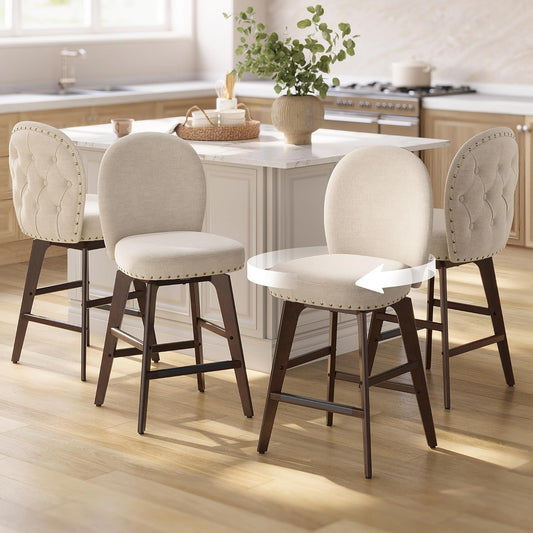 Bar Stools Set of 4, Swivel Counter Height Bar Stools with Back and Wood Legs, Chenille Fabric Upholstered Barstools, 26.2-Inch Tall Counter Barstools for Kitchen Island, Cappuccino Beige