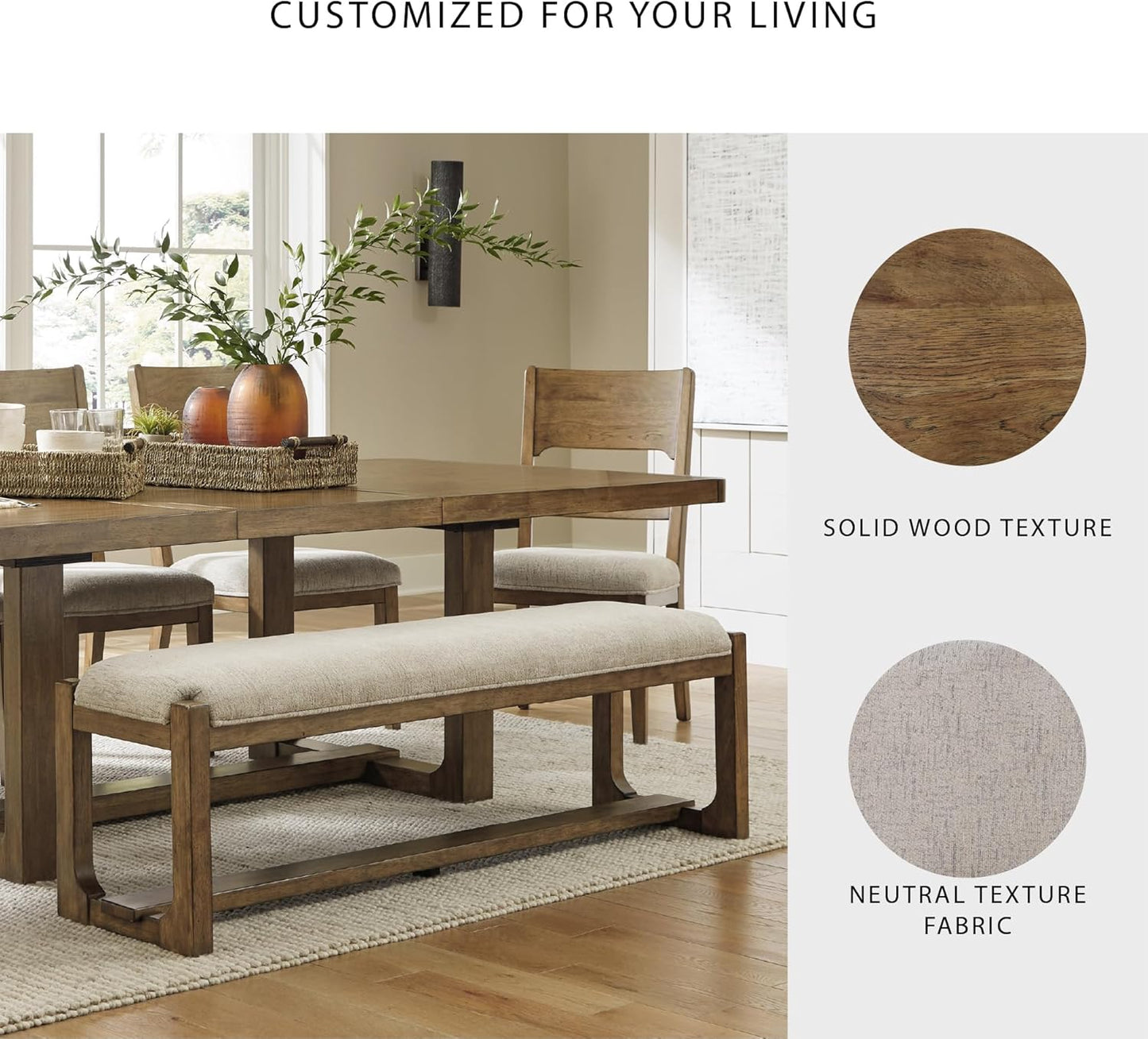 Signature Design by Ashley Cabalynn Farmhouse Upholstered Dining Bench, Foam Cushion, Hardwood Solids, 63.5" W X 16.5" D X 19.75" H, Beige & Light Brown