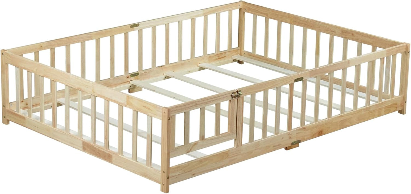 Full Size Floor Bed with Slats and Safety Guardrail, Full Size Montessori Floor Bed with Fence and Door, Easy Assemble Montessori Beds for Kids, Girls, Boys, Natural