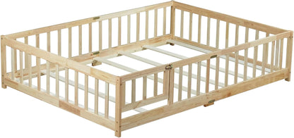 Full Size Floor Bed with Slats and Safety Guardrail, Full Size Montessori Floor Bed with Fence and Door, Easy Assemble Montessori Beds for Kids, Girls, Boys, Natural