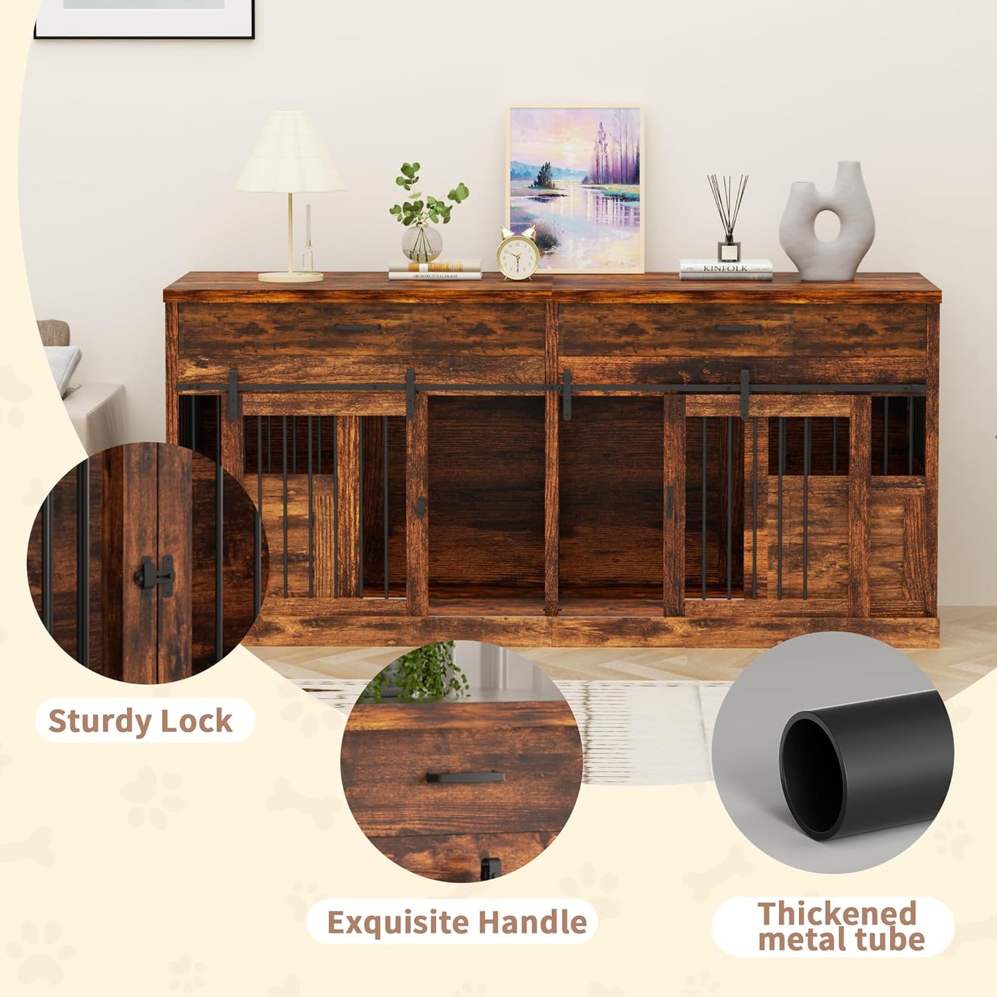 71 Inches Extra Large Dog Crate Furniture Indoor Wooden Dog Kennel Furniture Heavy Duty Dog Crates TV Stand with Removable Divider for 2 Large Medium Small Dogs Black