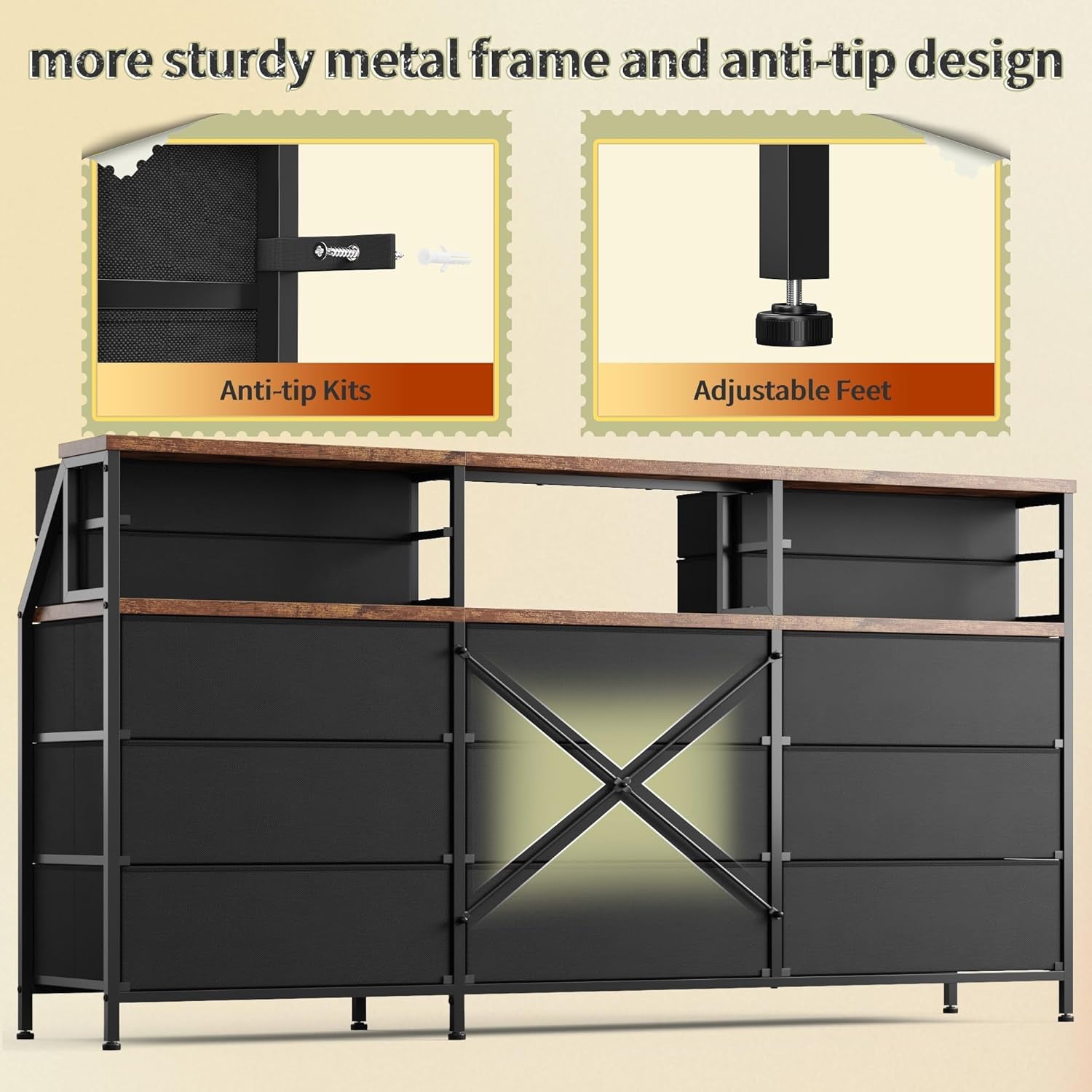55" W Dresser for Bedroom with Deep Fabric Drawers, Long Chests of Drawers with 2 Open Wooden Shelves, Large Vanity Dressers for Dorm, Entryway, Rustic Brown, 55.1" W X 35.4" H X 11.4" D