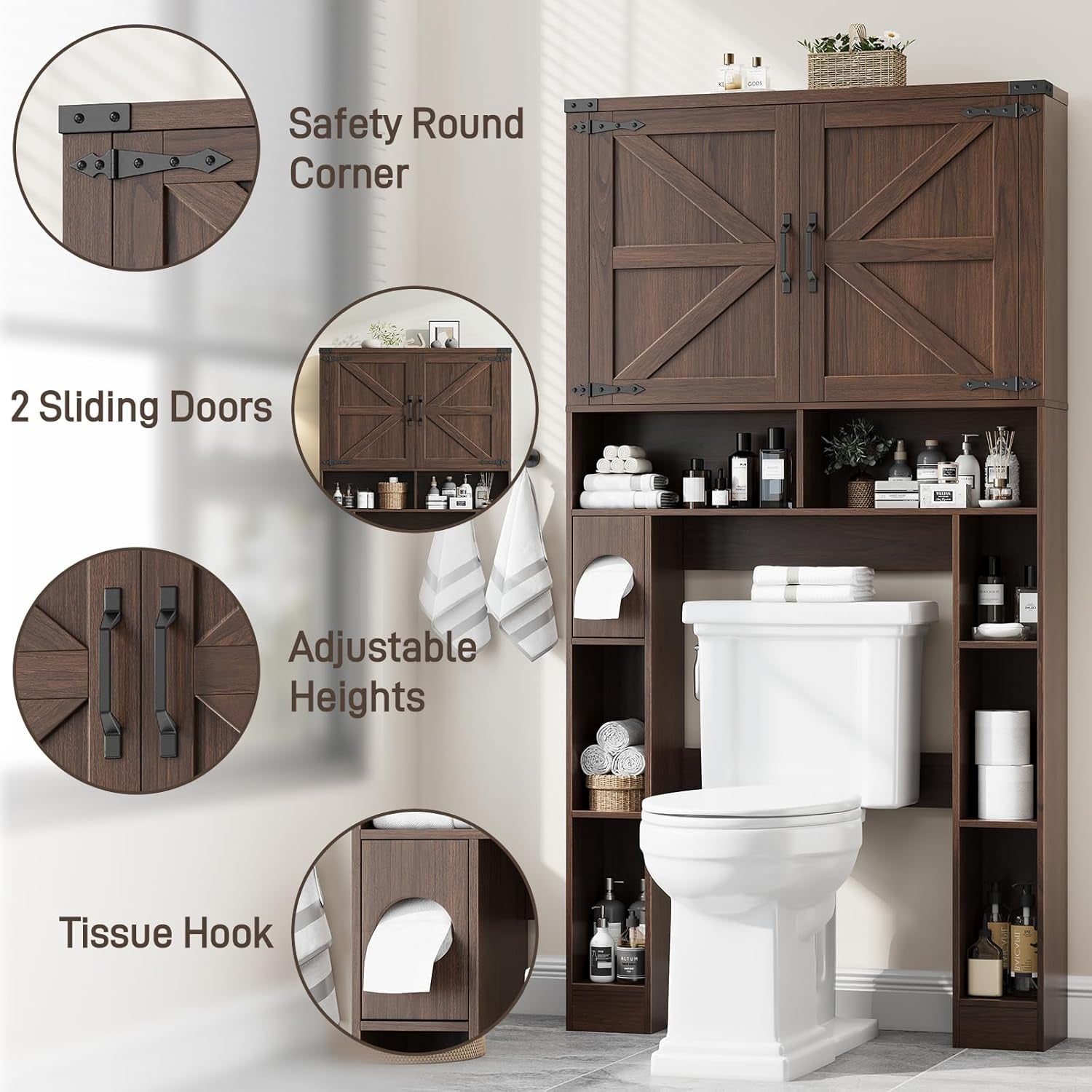 Over the Toilet Storage Cabinet, Farmhouse Storage Cabinet over Toilet with 2 Barn Doors ，Toilet Paper Holder Stand，Home Space-Saving Toilet Rack, for Laundry, Restroom, Bathroom.Espresso