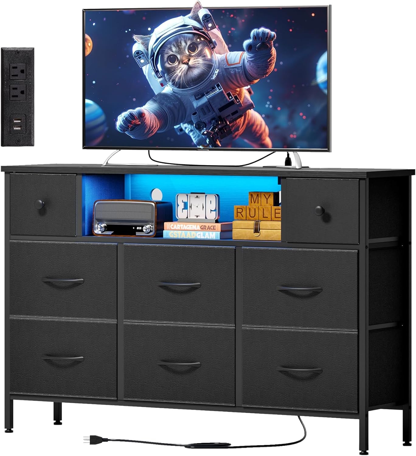 Dresser for Bedroom TV Stand for 55 Inch TV with Charging Station and LED Light, Fabric Chest of Drawers, 8 Drawer Kids Dressers for Boys Bedroom, Living Room, Closet (Black)
