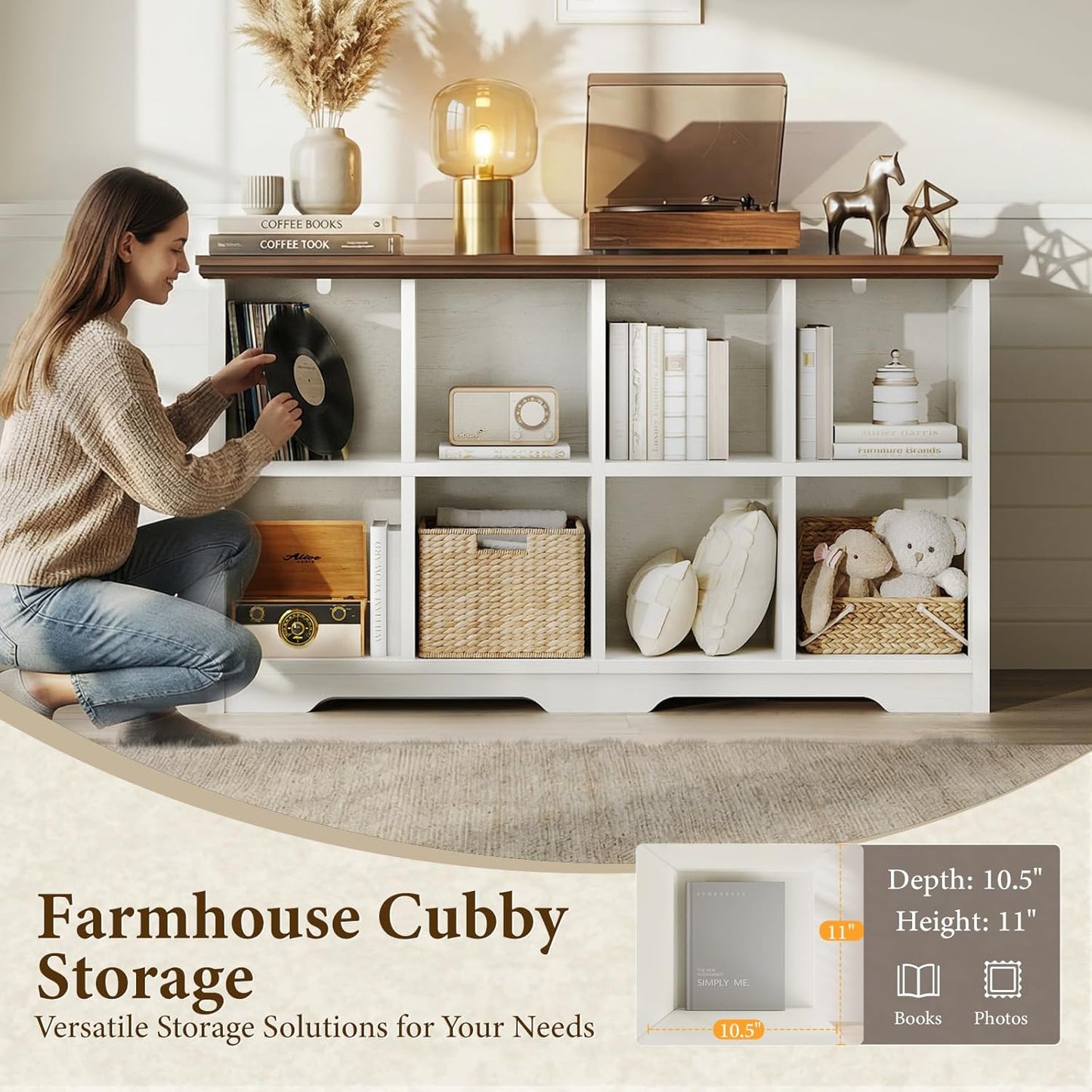 8 Cube Organizer Bookcase, Modern Farmhouse Open Shelf for Storage Bins & Decor, Display Bookshelf Console Closet for Living Room, Bedroom, Home Office, Walnut+White