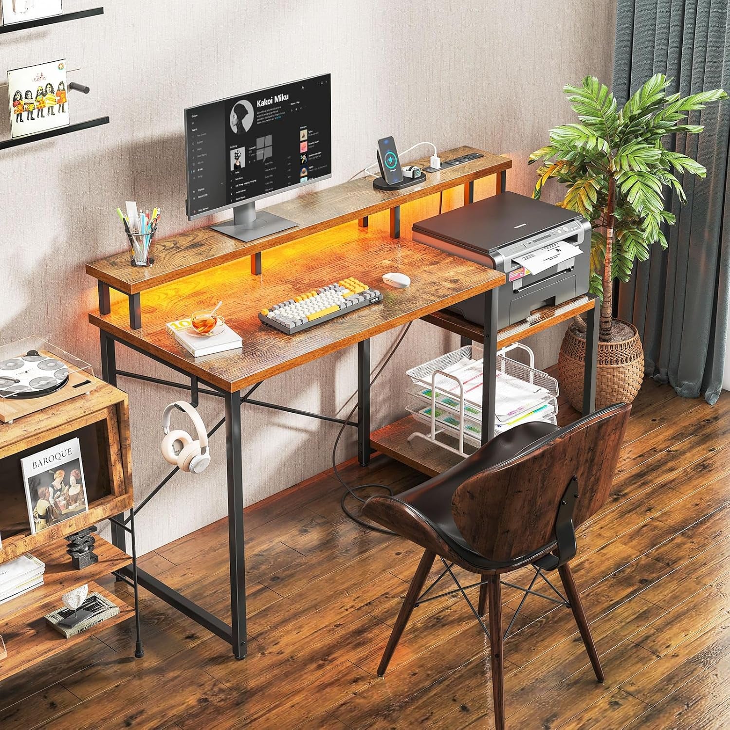 Computer Desk, 48 Inch Gaming Desk with Led Lights & Power Outlet, Office Desk with Storage Shelves, Reversible Desk with Monitor Shelf & Headphone Hook, White