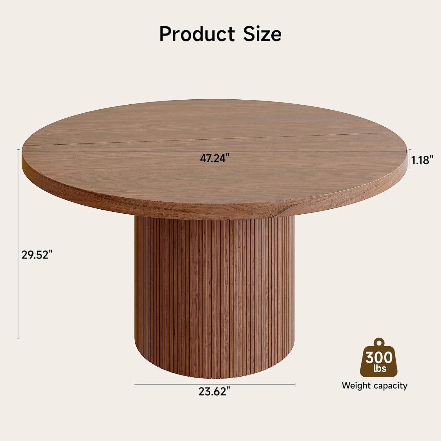 47 Inch round Dining Table for 4, Circle Kitchen Table with Wood Strip Base, Modern Farmhouse Dinner Tables for Kitchen, Living Room (Walnut)