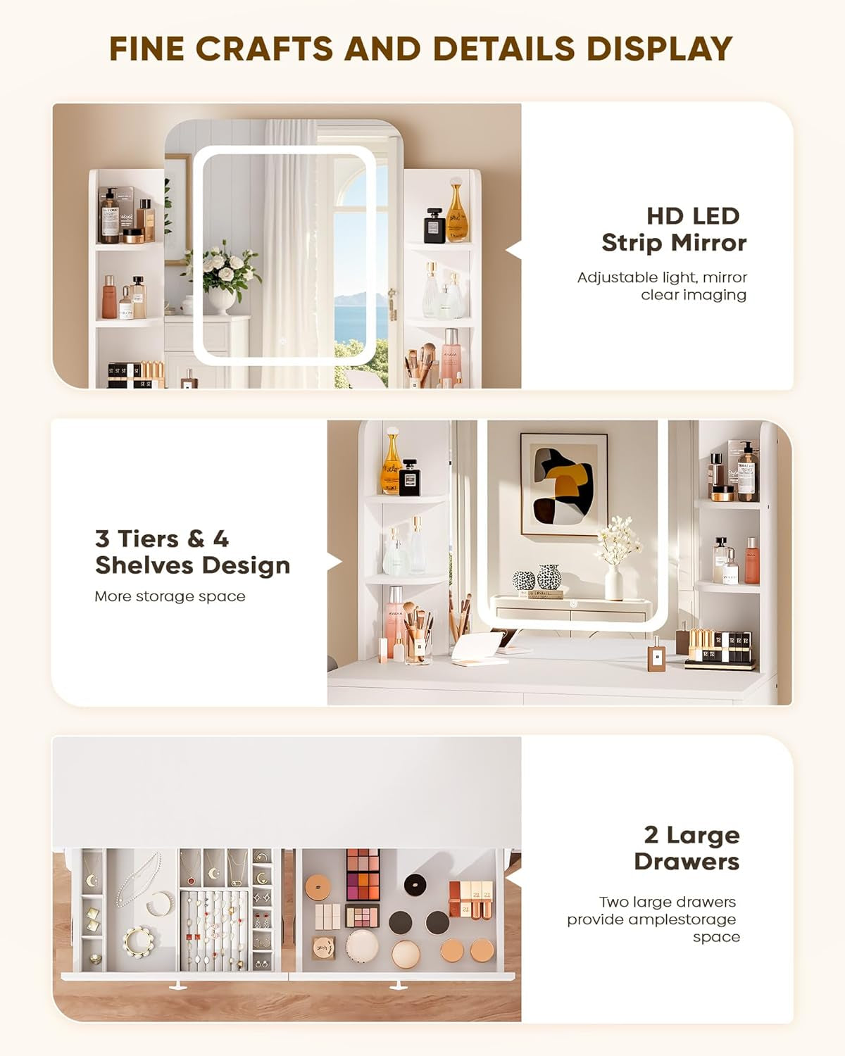 Small Makeup Vanity Desk, 29.5" W X 15.8" D X 51.2" H, White (Smart LED Mirror, Hairdryer Rack, Power-Outlet, 5 Shelves, 2 Drawers)