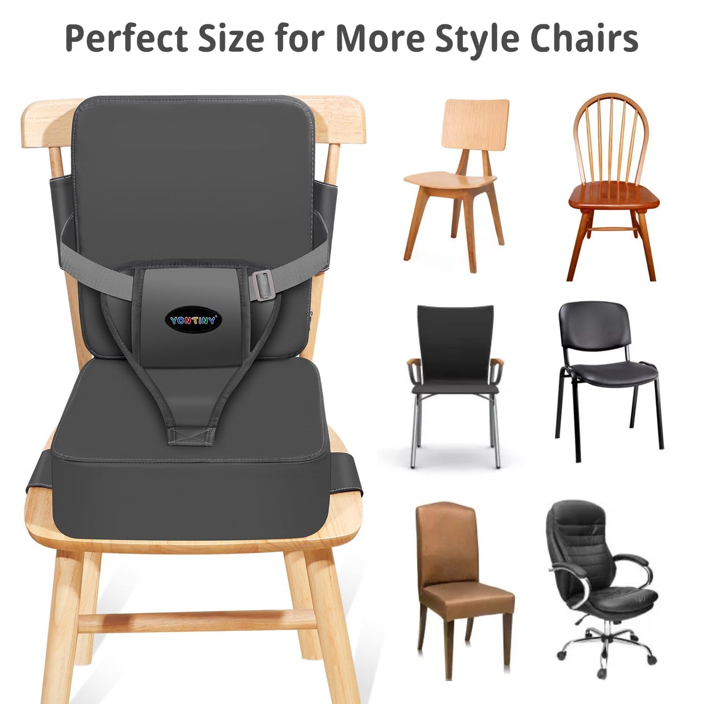 Toddler Booster Seat for Kitchen Chair, 2-In-1 Dining Table Booster Seat with Backrest & Adjustable Straps – Easy-Clean, PU Portable Toddler Eating Travel Increasing Cushion - Dark Grey