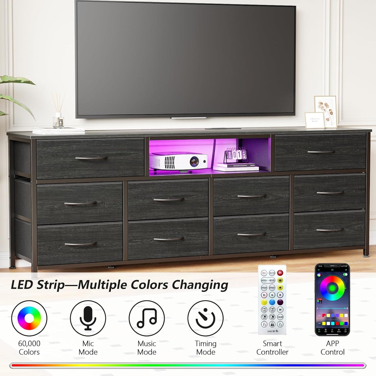 63” Long Dresser for Bedroom, TV Stand for 65 to 75 Inch TV, Black Dresser with 10 Fabric Drawers, Chest of Drawer for Closet, Entertainment Center with Power Outlet & LED Light