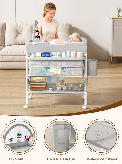 Baby Changing Table with Drawers, Waterproof Versatile Folding Diaper Changing Station with Storage, Adjustable Height, Portable Diaper Chang Ing Station, Mobile Nursery for Infant and Newborn
