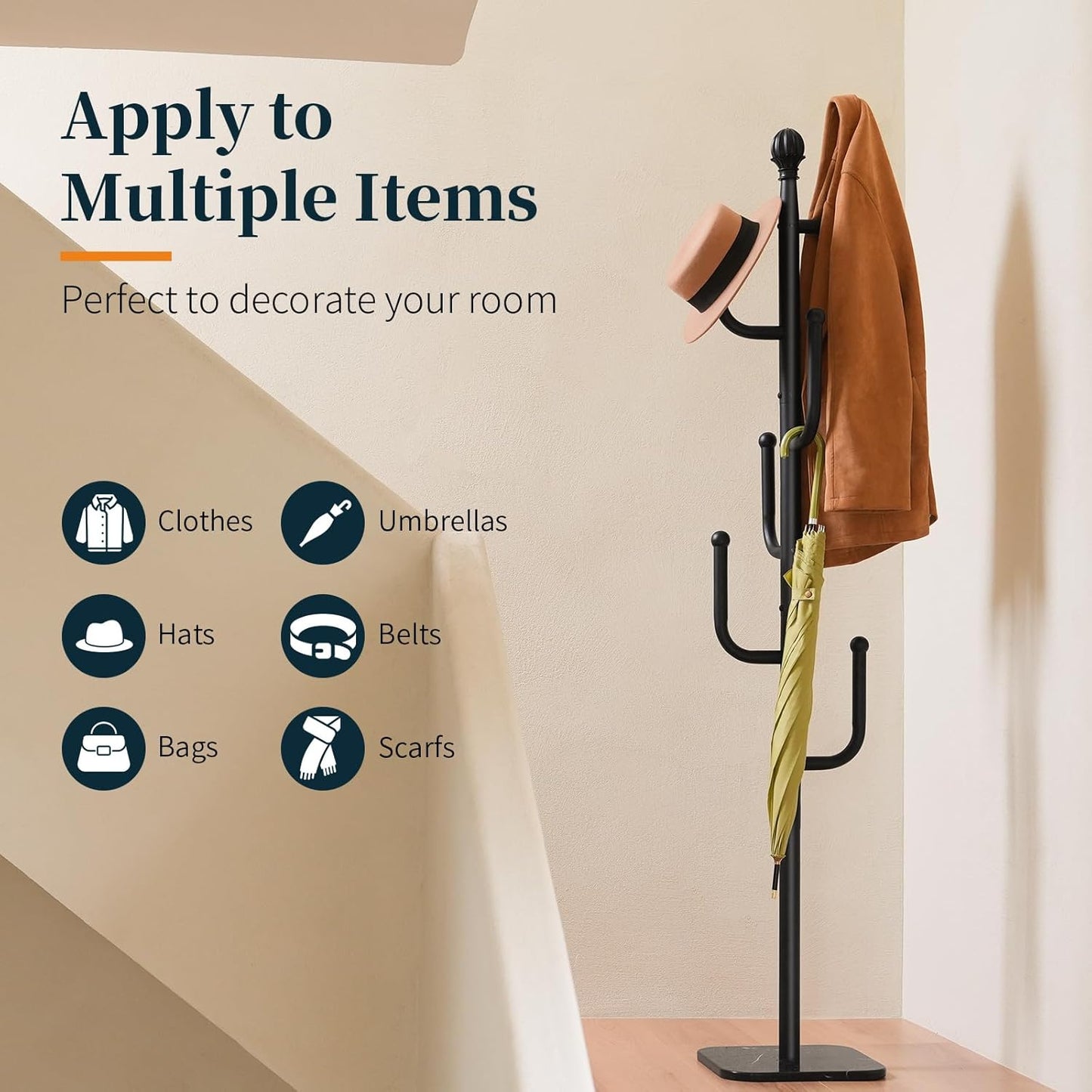 Coat Rack Freestanding with Natural Marble Base - Cactus Coat Tree with 6 L-Shaped Hooks, Heavy Duty Coat Hanger Stand, Metal Coat Rack Stand for Entryway, Hall Tree for Jacket/Hat/Clothes/Bag