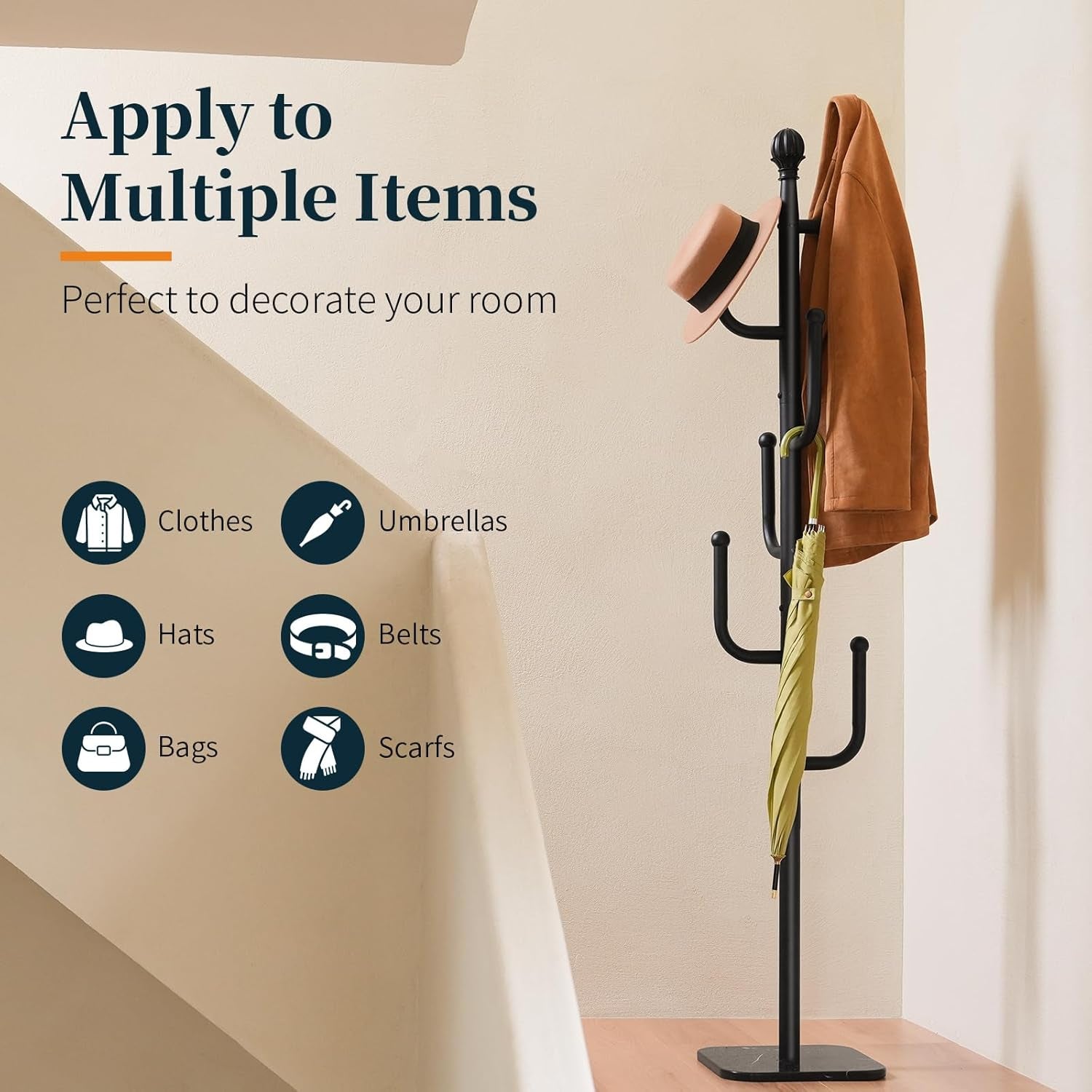 Coat Rack Freestanding with Natural Marble Base - Cactus Coat Tree with 6 L-Shaped Hooks, Heavy Duty Coat Hanger Stand, Metal Coat Rack Stand for Entryway, Hall Tree for Jacket/Hat/Clothes/Bag